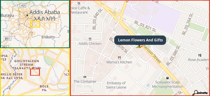 Map showing the address of Lemon Flowers And Gifts in three different zoom levels.