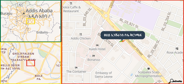 Map showing the address of ፀሀይ ኢንሹራንስ ቦሌ ቅርንጫፍ in three different zoom levels.