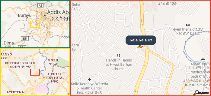 Map showing the address of Gela Gela KY in three different zoom levels.