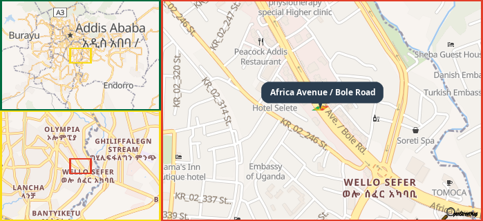 Map showing the address of Africa Avenue / Bole Road in three different zoom levels.