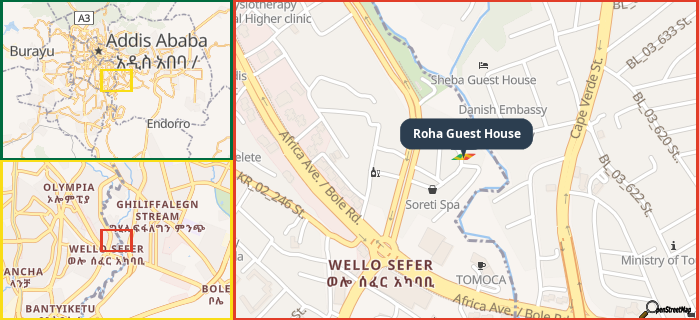 Map showing the address of Roha Guest House in three different zoom levels.