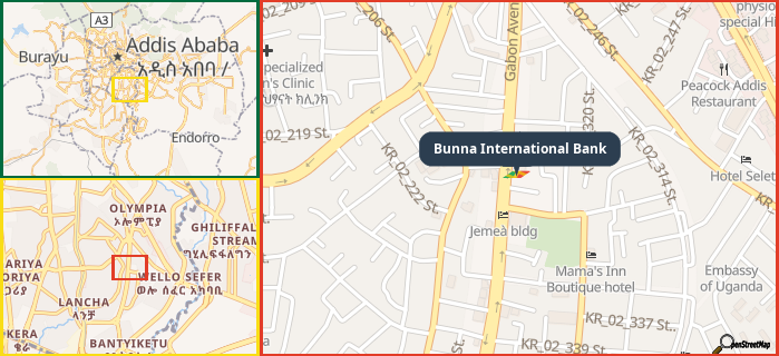 Map showing the address of Bunna International Bank in three different zoom levels.