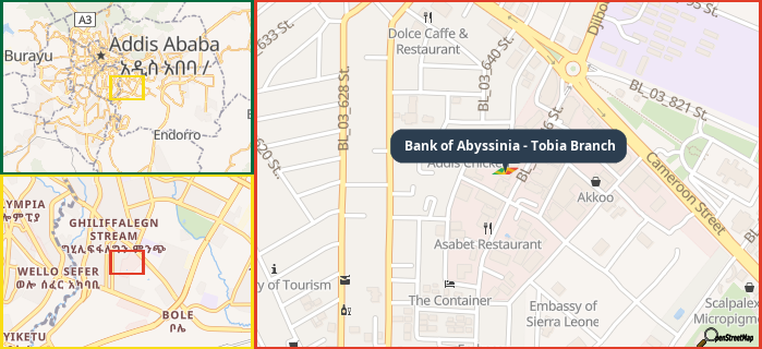 Map showing the address of Bank of Abyssinia - Tobia Branch in three different zoom levels.