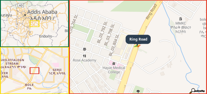 Map showing the address of Ring Road in three different zoom levels.