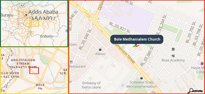 Map showing the address of Bole Medhanialem Church in three different zoom levels.