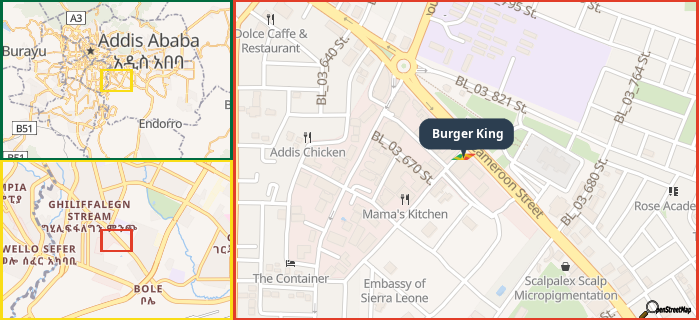 Map showing the address of Burger King in three different zoom levels.