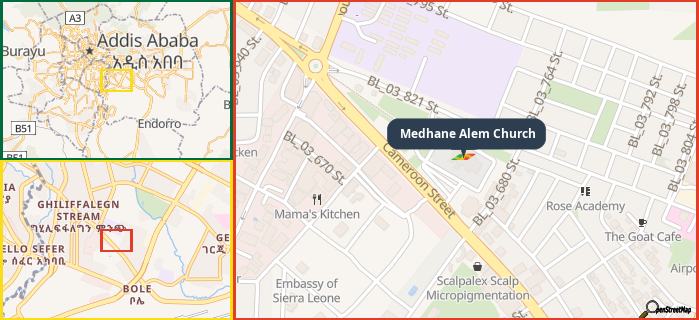 Map showing the address of Medhane Alem Church in three different zoom levels.