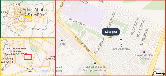 Map showing the address of Kätëgna in three different zoom levels.