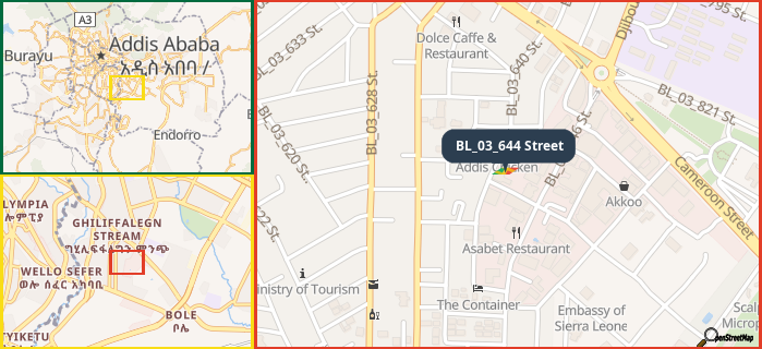 Map showing the address of BL_03_644 Street in three different zoom levels.