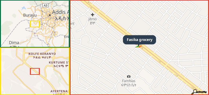 Map showing the address of Fasika grocery in three different zoom levels.