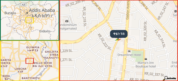 Map showing the address of ዋይን ፐብ in three different zoom levels.