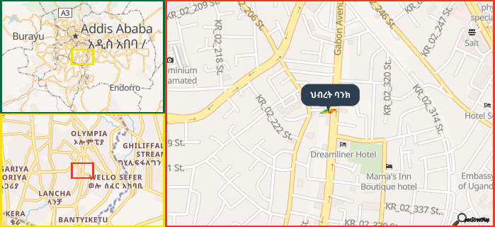 Map showing the address of ህብረት ባንክ in three different zoom levels.