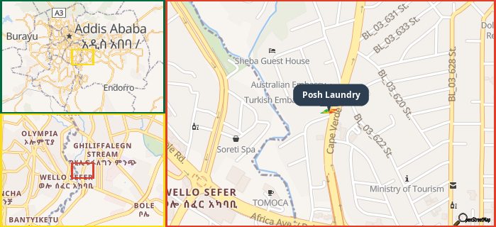 Map showing the address of Posh Laundry in three different zoom levels.