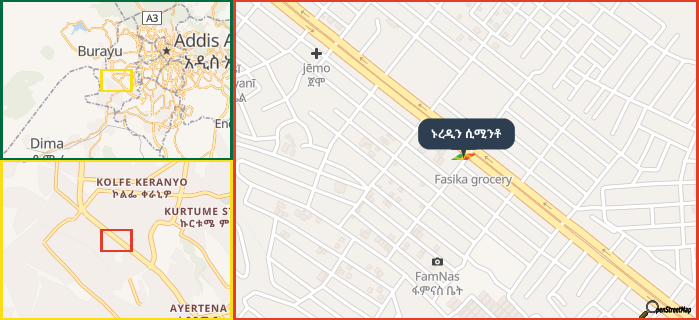 Map showing the address of ኑረዲን ሲሚንቶ in three different zoom levels.