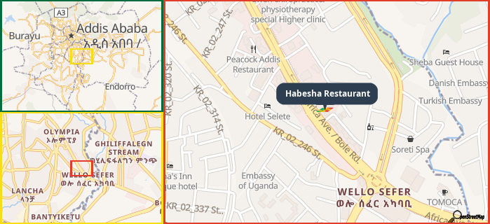 Map showing the address of Habesha Restaurant in three different zoom levels.