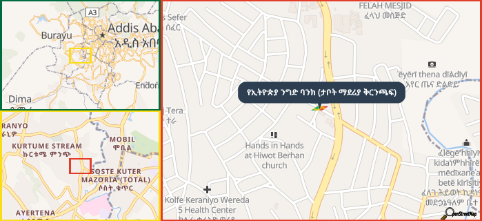 Map showing the address of የኢትዮጵያ ንግድ ባንክ (ታቦት ማደሪያ ቅርንጫፍ) in three different zoom levels.