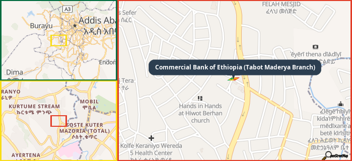 Map showing the address of Commercial Bank of Ethiopia (Tabot Maderya Branch) in three different zoom levels.