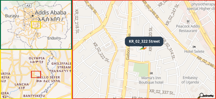 Map showing the address of KR_02_322 Street in three different zoom levels.