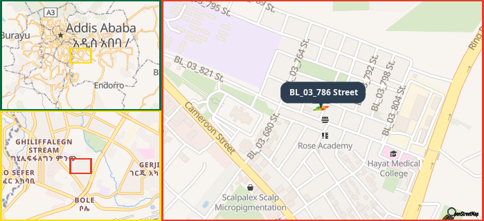 Map showing the address of BL_03_786 Street in three different zoom levels.