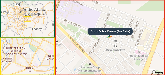 Map showing the address of Bruno's Ice Cream (Ice Cafe) in three different zoom levels.