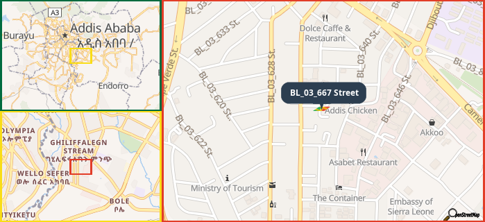 Map showing the address of BL_03_667 Street in three different zoom levels.