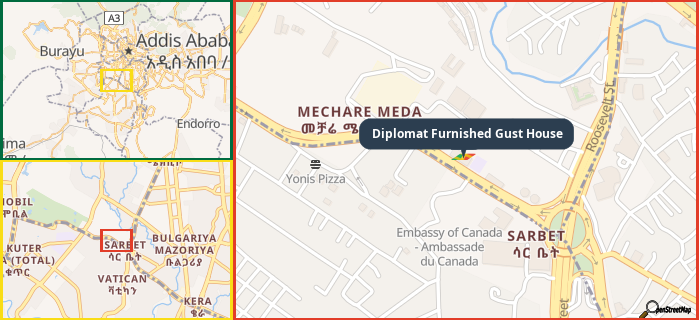 Map showing the address of Diplomat Furnished Gust House in three different zoom levels.
