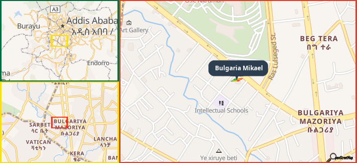 Map showing the address of Bulgaria Mikael in three different zoom levels.