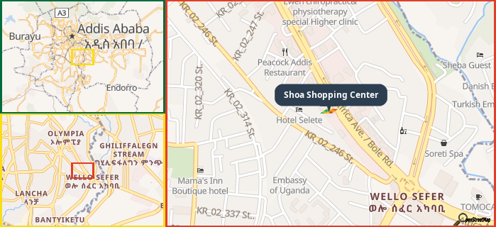 Map showing the address of Shoa Shopping Center in three different zoom levels.