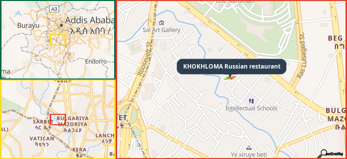 Map showing the address of KHOKHLOMA Russian restaurant in three different zoom levels.