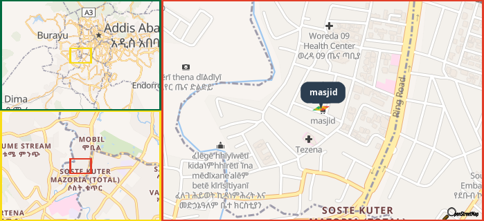 Map showing the address of masjid in three different zoom levels.