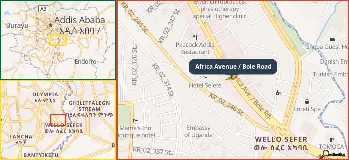 Map showing the address of Africa Avenue / Bole Road in three different zoom levels.