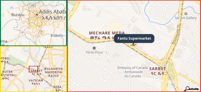 Map showing the address of Fantu Supermarket in three different zoom levels.