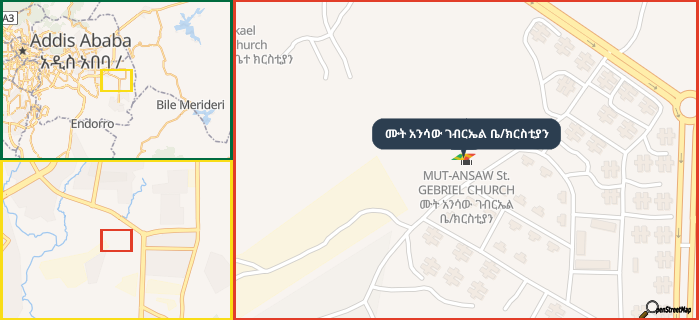 Map showing the address of ሙት አንሳው ገብርኤል ቤ/ክርስቲያን in three different zoom levels.
