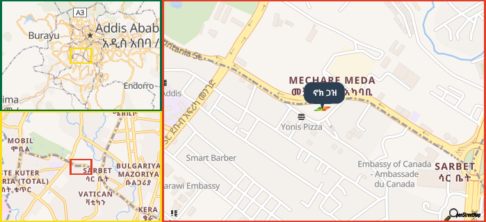 Map showing the address of ኖክ ጋዝ in three different zoom levels.
