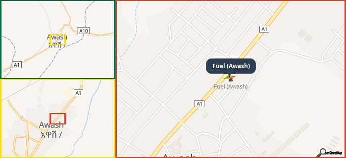 Map showing the address of Fuel (Awash) in three different zoom levels.