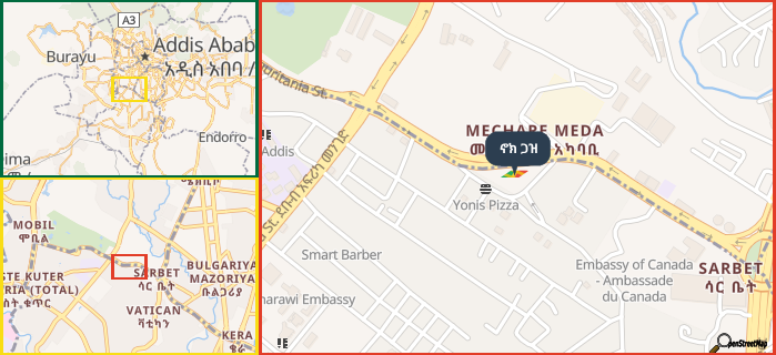 Map showing the address of ኖክ ጋዝ in three different zoom levels.