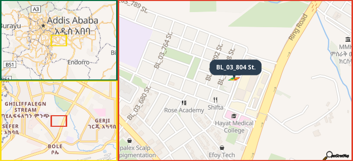 Map showing the address of BL_03_804 St. in three different zoom levels.
