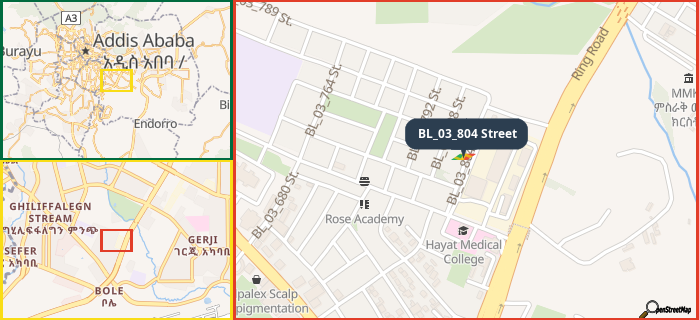 Map showing the address of BL_03_804 Street in three different zoom levels.