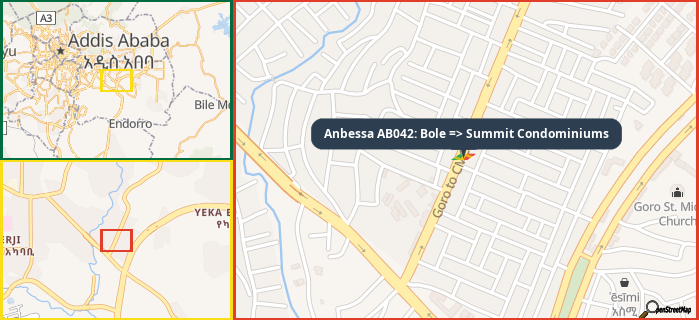 Map showing the address of Anbessa AB042: Bole => Summit Condominiums in three different zoom levels.