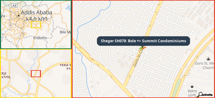 Map showing the address of Sheger SH078: Bole => Summit Condominiums in three different zoom levels.
