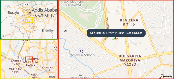 Map showing the address of ነጃሺ ወይንስ ኢማም አህመድ ጉራይ መስጂድ in three different zoom levels.