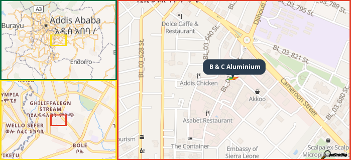 Map showing the address of B & C Aluminium in three different zoom levels.