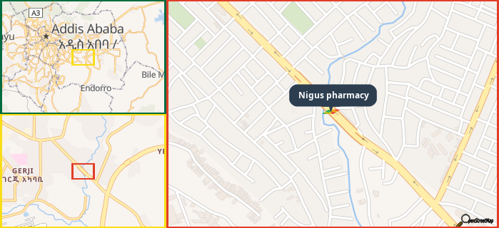 Map showing the address of Nigus pharmacy in three different zoom levels.