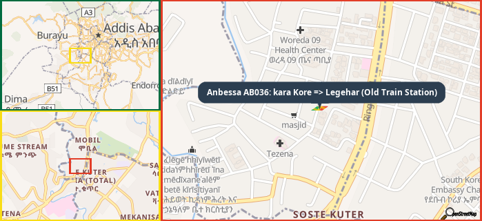 Map showing the address of Anbessa AB036: kara Kore => Legehar (Old Train Station) in three different zoom levels.