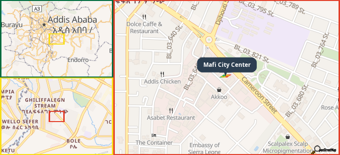 Map showing the address of Mafi City Center in three different zoom levels.