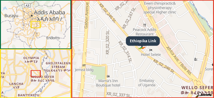 Map showing the address of Ethiopika Link in three different zoom levels.