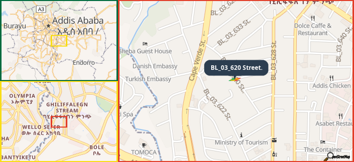 Map showing the address of BL_03_620 Street. in three different zoom levels.