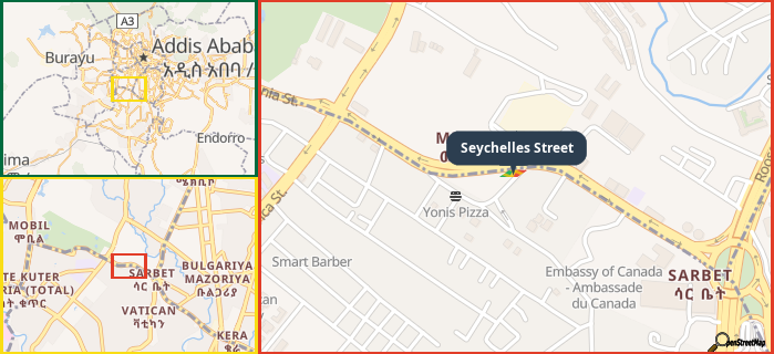 Map showing the address of Seychelles Street in three different zoom levels.