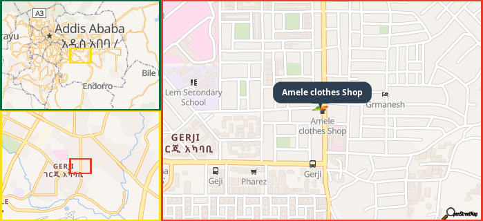 Map showing the address of Amele clothes Shop in three different zoom levels.