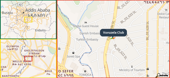 Map showing the address of Vuvuzela Club in three different zoom levels.